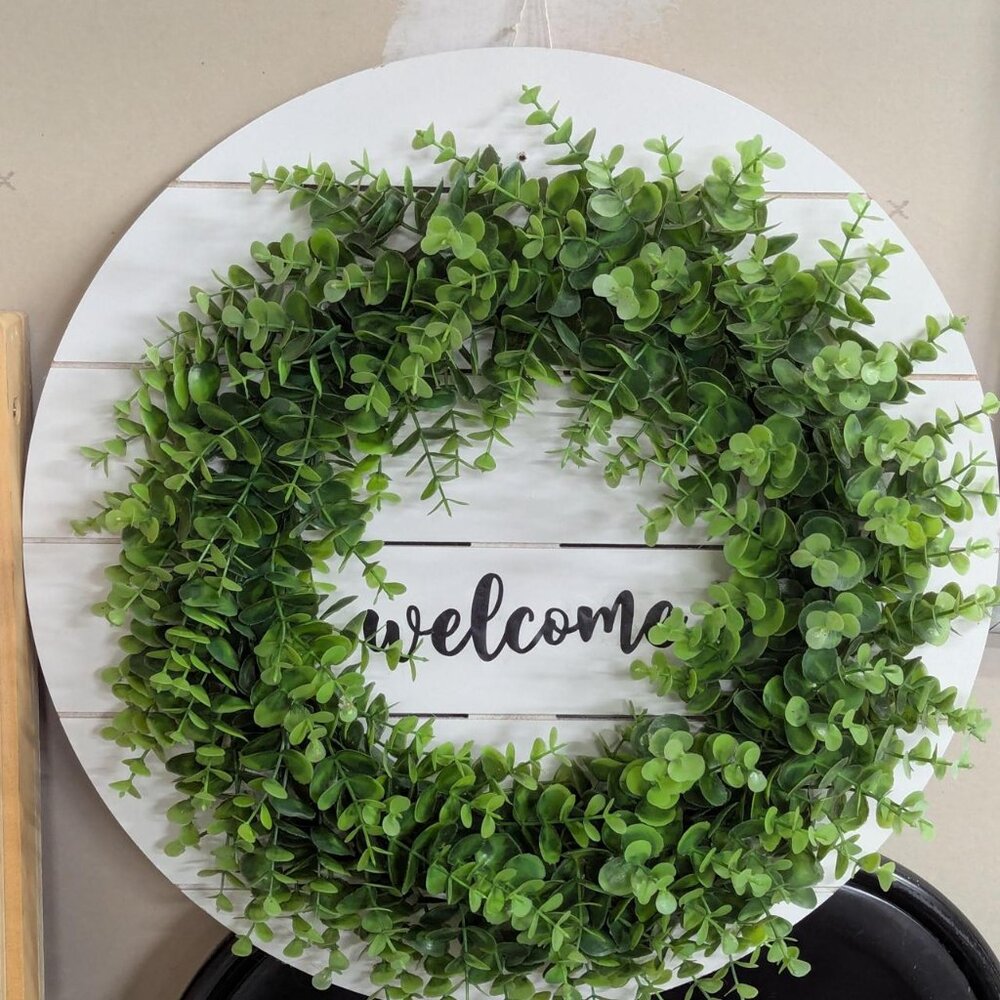 welcome white round wood shiplap greenery leaves door wreath decor